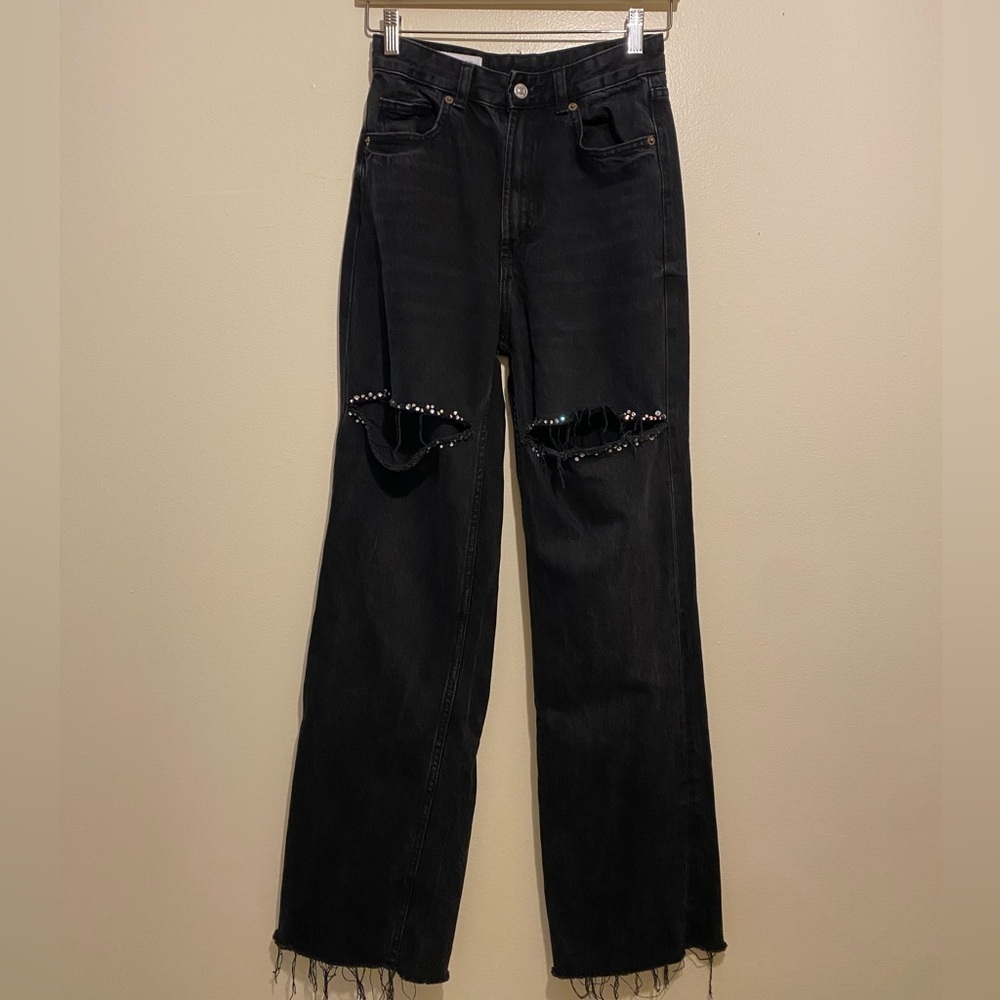Zara Black Straight Leg Jeans with Distressed Details. Size 2